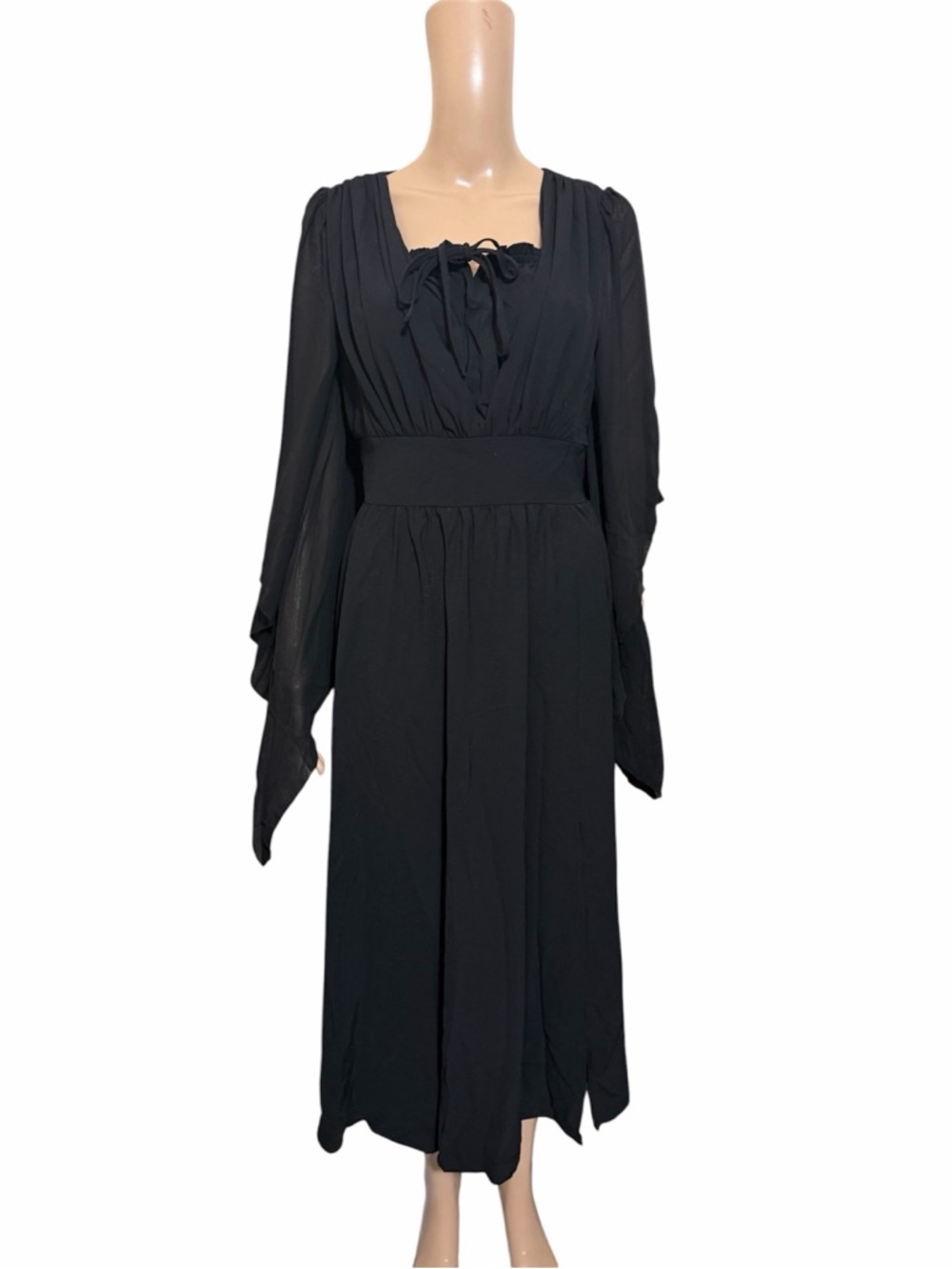 Scarlet darkness boho gothic midi dress lace up bell sleeve whismy goth
